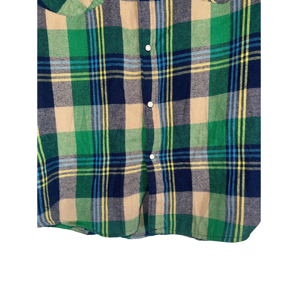 PASHARTUK Mens Large Plaid Long Sleeve Snap Front Western Shirt Green Blue Tan - Picture 6 of 10